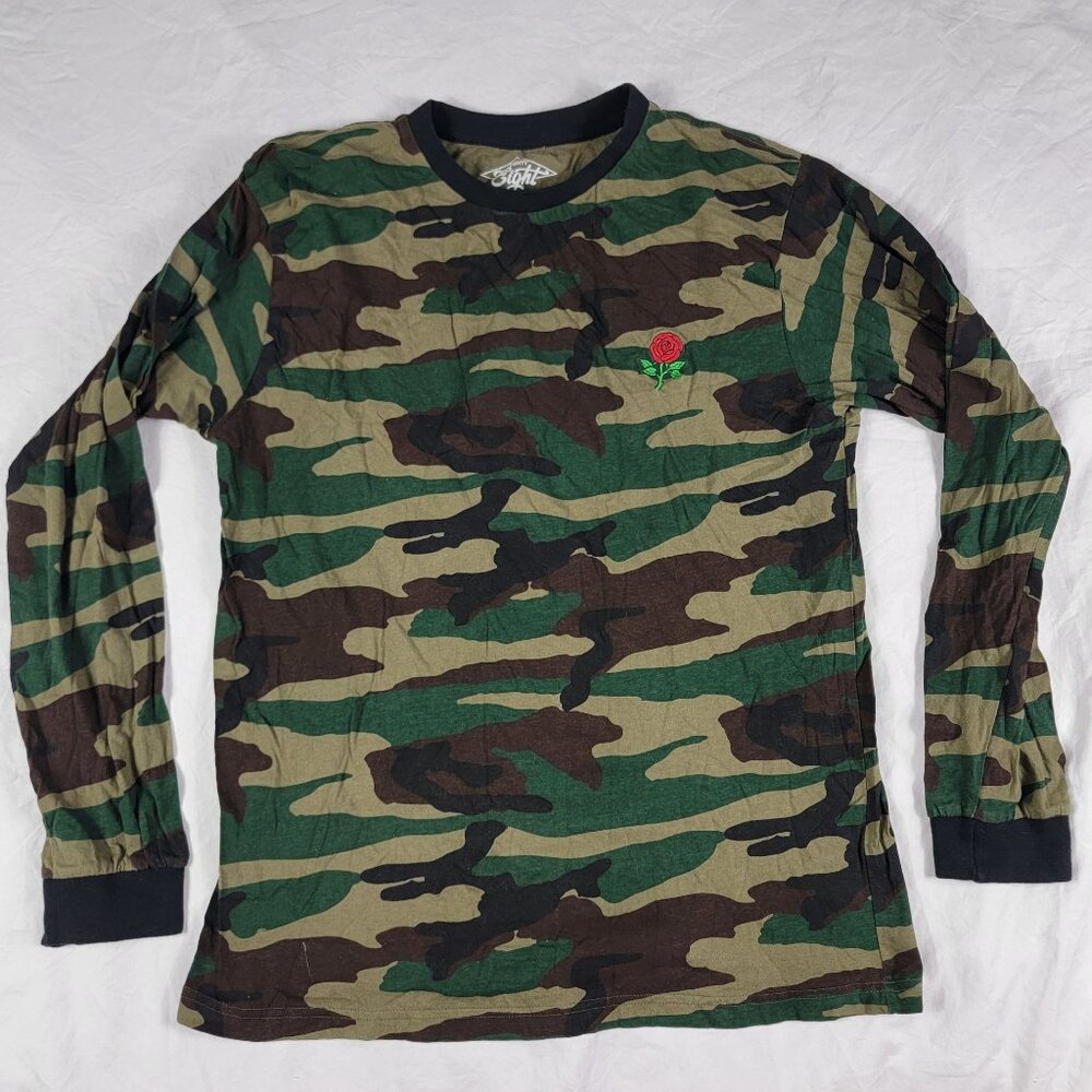 Eighty Eight Mens Large Green Brown Camouflage Long Sleeve Shirt Rose Embroidery